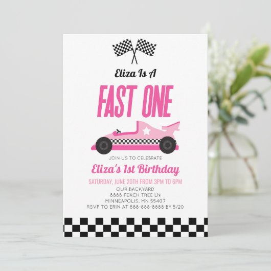 Fast One Pink Flame Race Auto 1e Verjaardagsfeest Kaart (Staand voorkant)