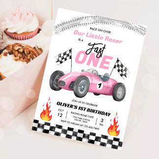 Fast One Pink Race Car 1st Birthday Racing Girl Kaart