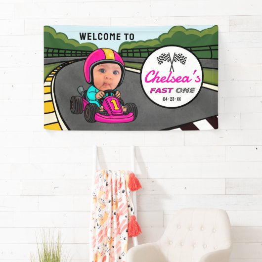 Fast ONE | Pink Race Car Driver Welcome Birthday Spandoek (Insitu)