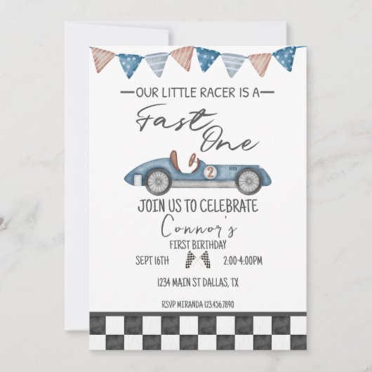 Fast One  Race Auto First Birthday Invite Kaart (Voorkant)