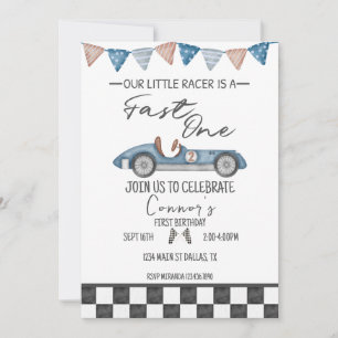 Fast One  Race Auto First Birthday Invite Kaart