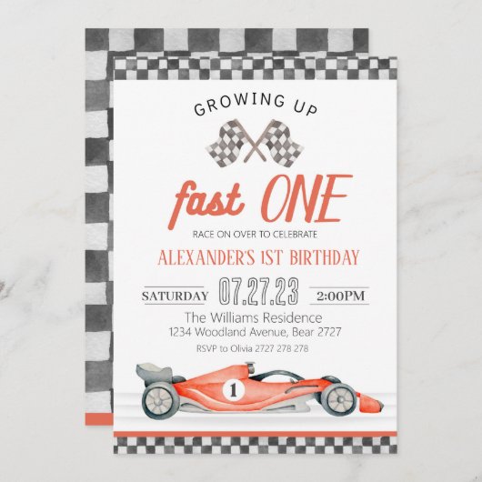 Fast One Race Car 1st Birthday Invitation Race Kaart (Voorkant / Achterkant)