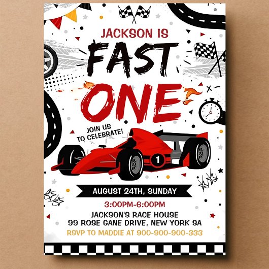 Fast One Race Car Boy 1e Verjaardag uitnodiging
