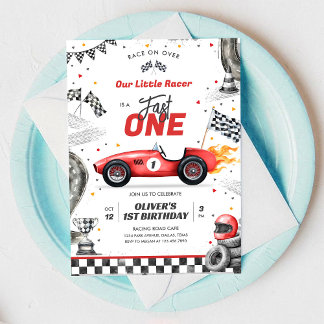 Fast One Race Car Boy 1st Birthday Invitation Kaart