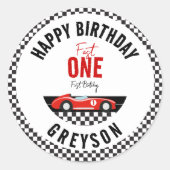 Fast One Race Car Boy 1st Birthday Party Ronde Sticker (Voorkant)
