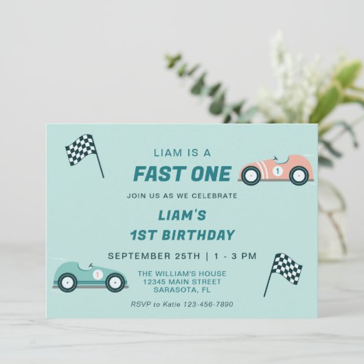 Fast One Race Car First Birthday Invitation (Debout devant)