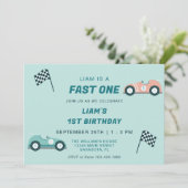 Fast One Race Car First Birthday-uitnodiging Kaart (Staand voorkant)