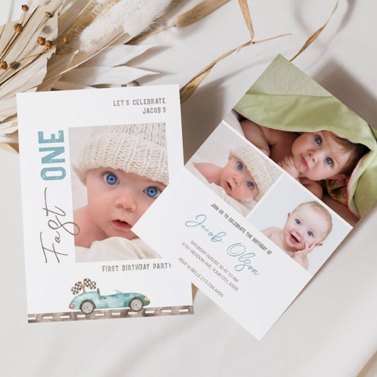 Fast One Race Car Photo Anniversaire Invitation