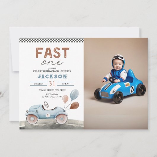Fast One Racing Car Blue Boy 1e foto verjaardag Kaart (Voorkant)