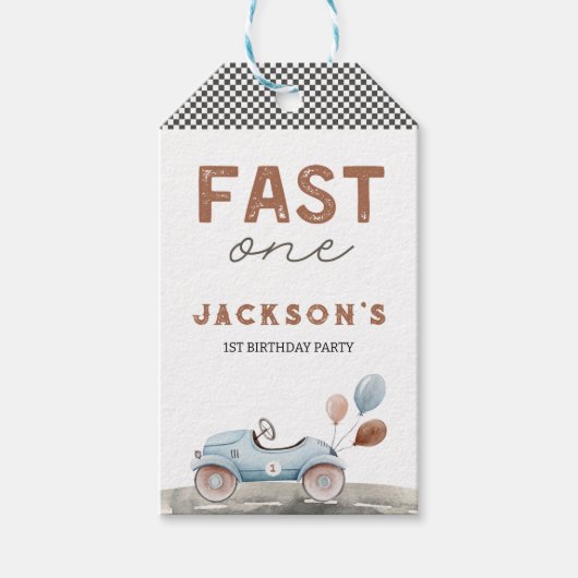 Fast One Racing Car Blue Boy 1e verjaardag Cadeaulabel (Voorkant)