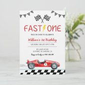 Fast One Racing Car Boy 1st Birthday Party Kaart (Staand voorkant)