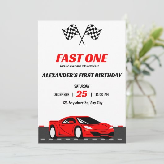 Fast One Racing Car Eerste Verjaardag Uitnodiging  (Staand voorkant)