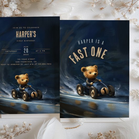 Fast One Racing Car Teddy Anniversaire Invitation