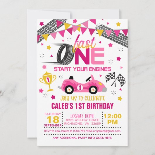 Fast One Racing First Birthday Invitation - Girl (Devant)
