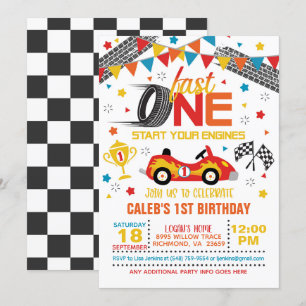 Fast One Racing First Birthday Invitation - White Kaart
