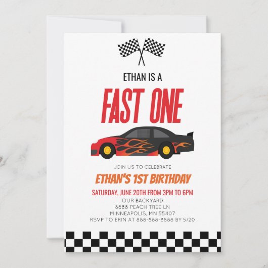 Fast One Red Flame Race Auto 1e Verjaardagsfeest Kaart (Voorkant)