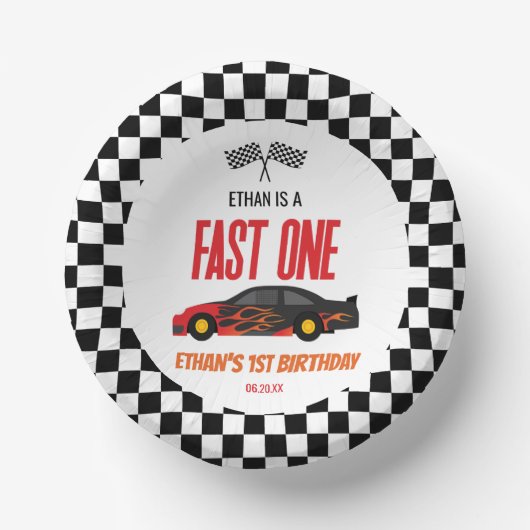 Fast One Red Flame Race Auto 1e Verjaardagsfeest Papieren Kommen (Voorkant)