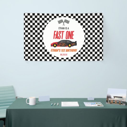 Fast One Red Flame Race Auto 1e Verjaardagsfeest Spandoek (Beurs)