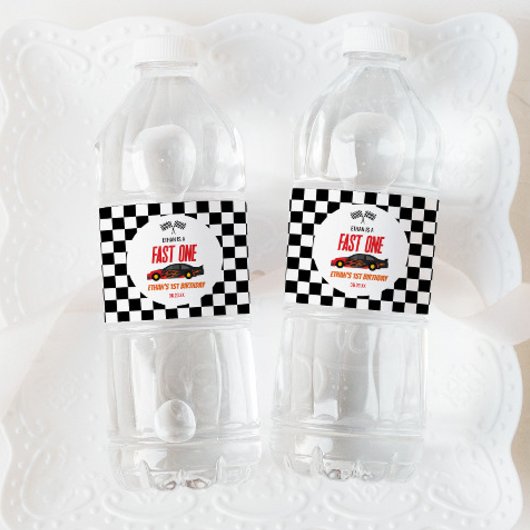 Fast One Red Flame Race Auto 1e Verjaardagsfeest Waterfles Etiket