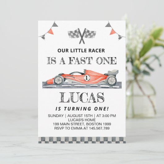 Fast One Red Race Car Anniversaire Fête Invitation (Debout devant)