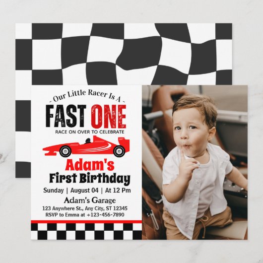 Fast One Red Race Car Boy 1st Birthday Party Kaart (Voorkant / Achterkant)