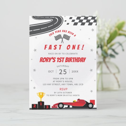 Fast One Red Racing Car 1e verjaardagsfeestje Uitn Kaart (Staand voorkant)