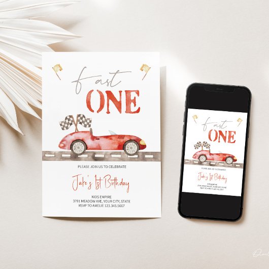Fast ONE Retro Race Auto Verjaardag uitnodiging