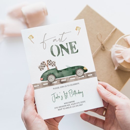 Fast ONE Retro Race Car Invitation Anniversaire