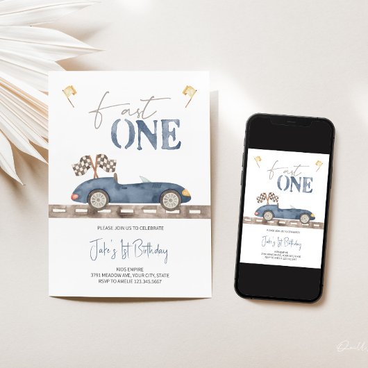 Fast ONE Retro Race Car Invitation Anniversaire