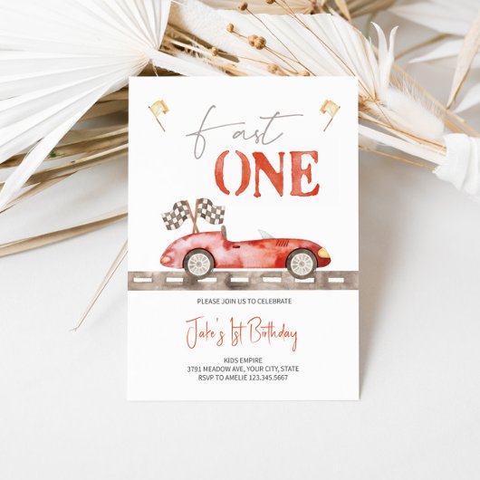 Fast ONE Retro Race Car Invitation Anniversaire