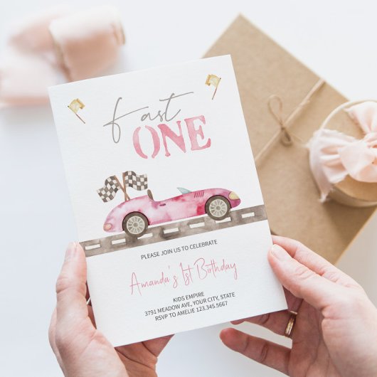 Fast ONE Retro Race Car Invitation Anniversaire