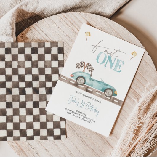 Fast ONE Retro Race Car Invitation Anniversaire