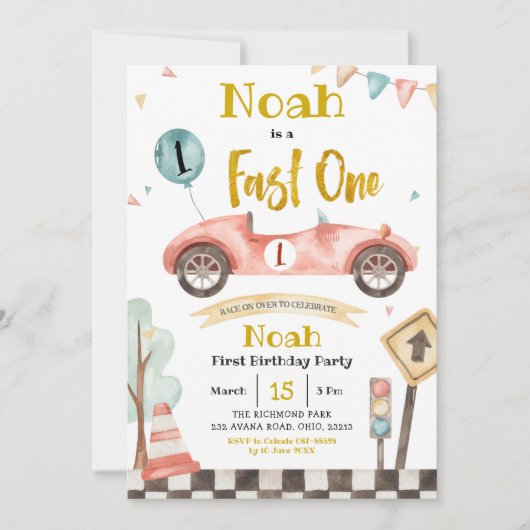 Fast One Retro Racing Car Uitnodiging (Voorkant)