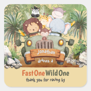 Fast One Wild One Safari Dieren Auto 1e verjaardag Vierkante Sticker