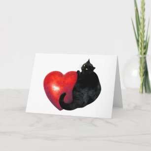 Fat Black Cat met Big Red Heart Kaart