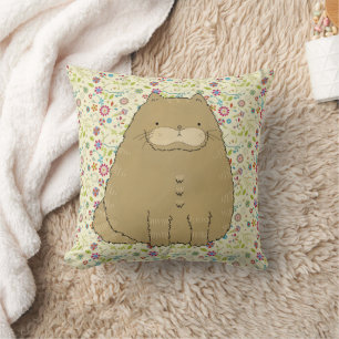 Fat Cat op Folk Art Bloemen Kussen