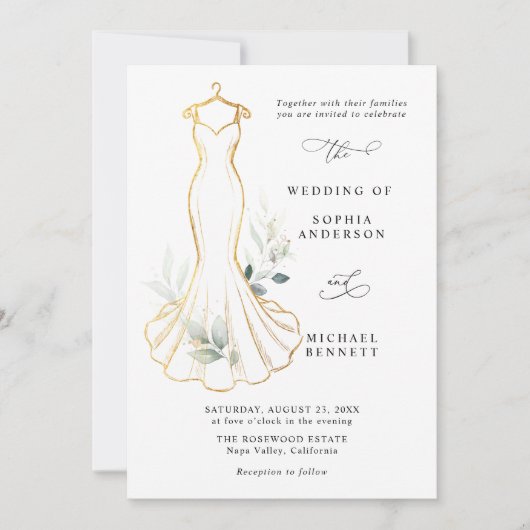 Fausse Robe de Mariée Invitation Or et Verdure (Devant)
