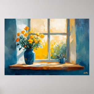 Fauvistische zonovergoten raam met bloemen – warm poster