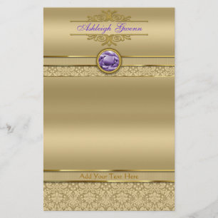 Faux Amethyst Gemstone Shiny Metallic Gold Damask Briefpapier