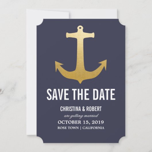 Faux Ancre Naúticale Feuille D'Or Save The Date (Devant)