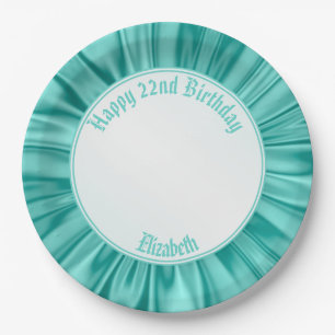 Faux Aqua Satin personaliseren "Happy Birthday" Papieren Bordje