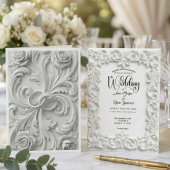Faux Bas Relief Ornate White Wedding Invitation Kaart