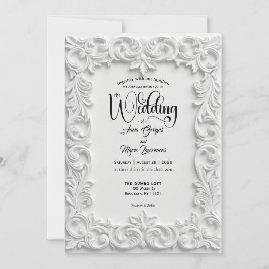 Faux Bas Relief Ornate White Wedding Invitation Kaart (Voorkant)