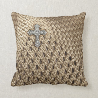 Faux Basket Weaved Rhinestone Pearl Cross Pillow Kussen