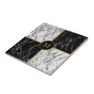 Faux Black and White Check Marble Monogram Tegeltje