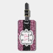*Faux Black en Pink Glitter Personalized Girly Bagagelabel (Voorkant verticaal)