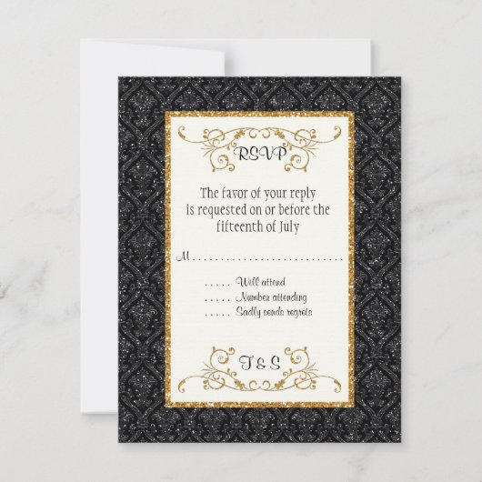 Faux Black Gold Glitter Damask Style RSVP (Voorkant)