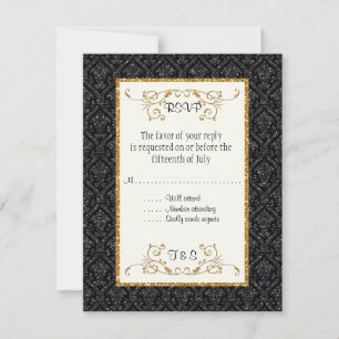 Faux Black Gold Glitter Damask Style RSVP