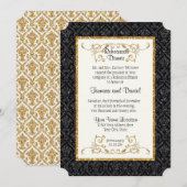 Faux Black Gold Glitter Damask Ticket Style Invite Kaart (Voorkant / Achterkant)