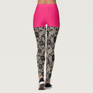 Faux Black Lace Poisson Drôle Drôle Leggings Rose 